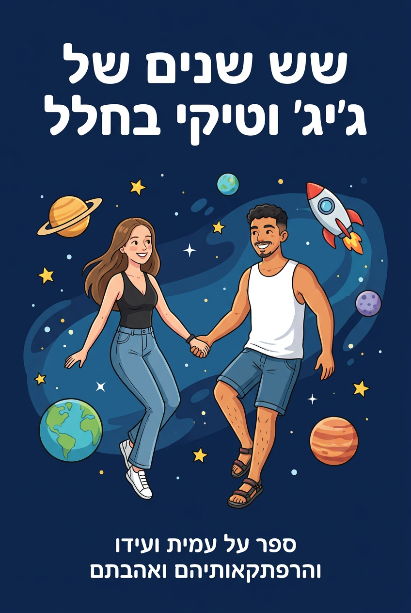 עטיפת הספר "שש שנים של ג׳יג׳ וטיקי בחלל" — ספר של לקוח אמיתי, ספר מודפס מותאם אישית מבית ספר במתנה