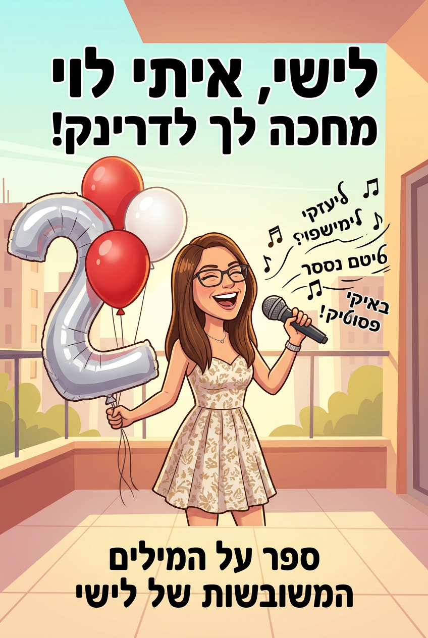 עטיפת הספר "לישי, איתי לוי מחכה לך לדרינק!" — ספר של לקוח אמיתי, ספר מודפס מותאם אישית מבית ספר במתנה