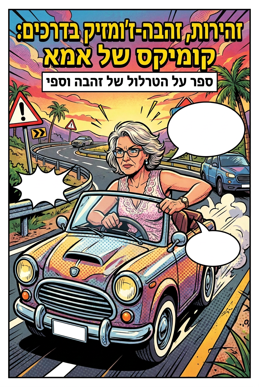 עטיפת הספר "זהירות, זהבה-ז'ומז'יק בדרכים: קומיקס של אמא" — ספר של לקוח אמיתי, ספר מודפס מותאם אישית מבית ספר במתנה