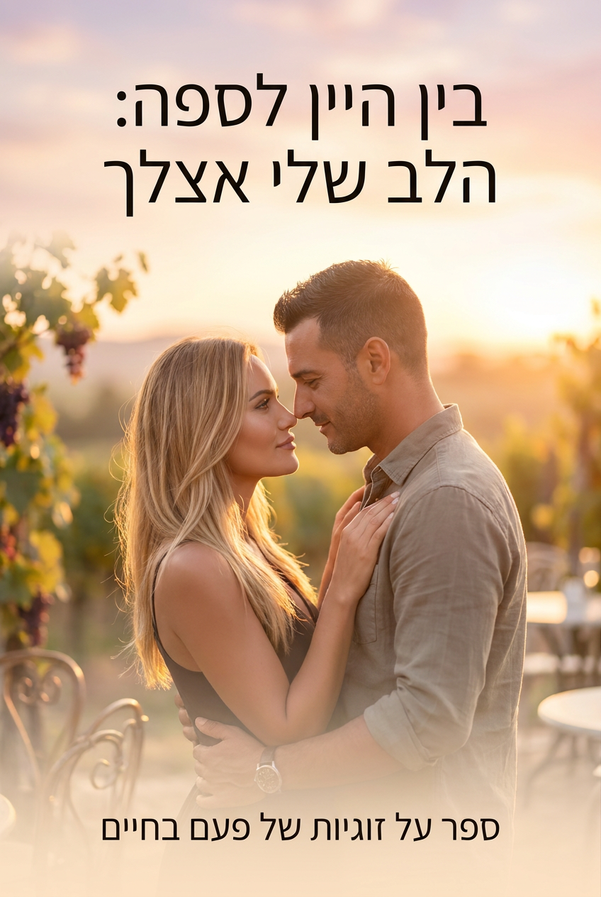 עטיפת הספר "בין היין לספה: הלב שלי אצלך" — ספר של לקוח אמיתי, ספר מודפס מותאם אישית מבית ספר במתנה