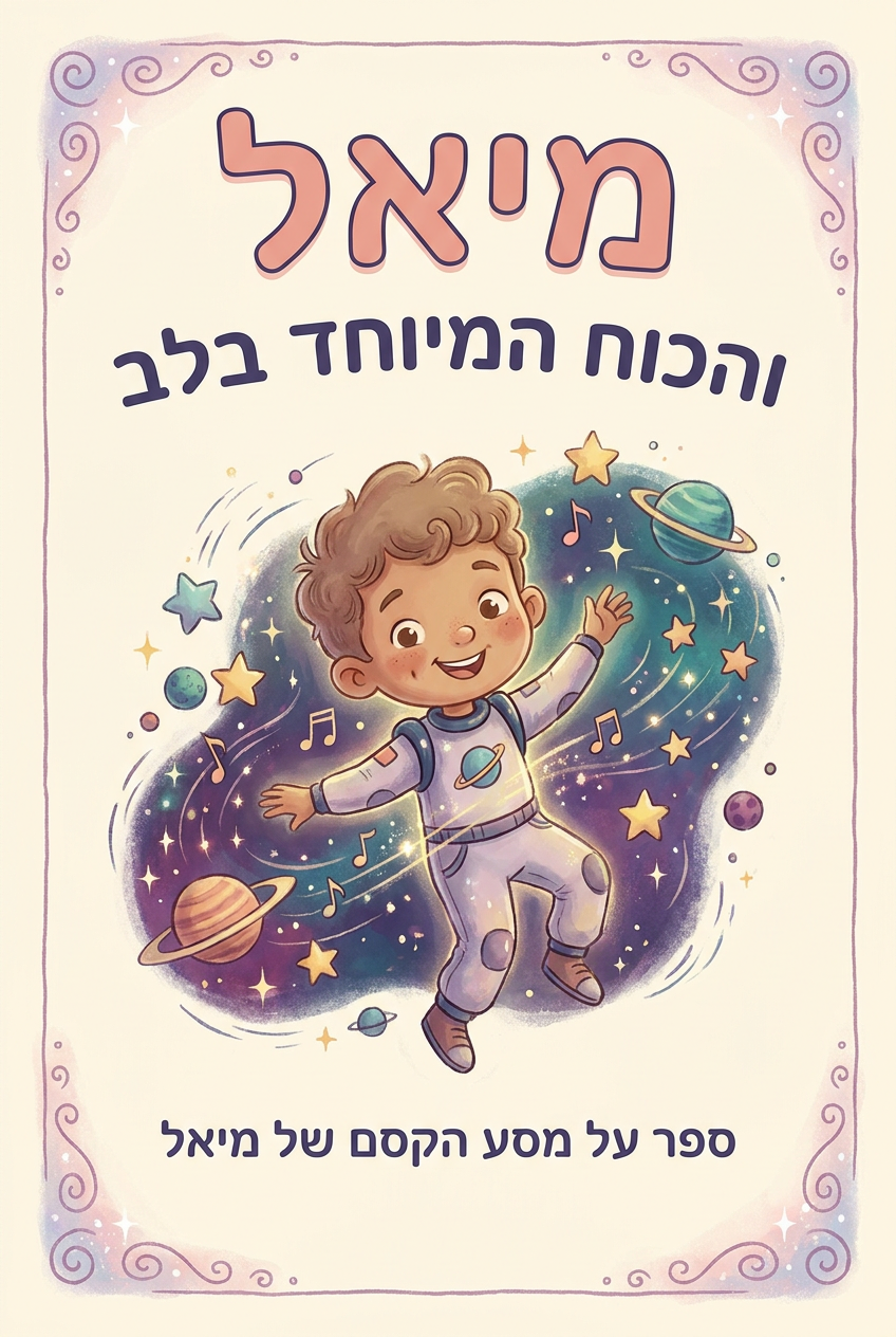 עטיפת הספר "מיאל והכוח המיוחד בלב" — ספר של לקוח אמיתי, ספר מודפס מותאם אישית מבית ספר במתנה