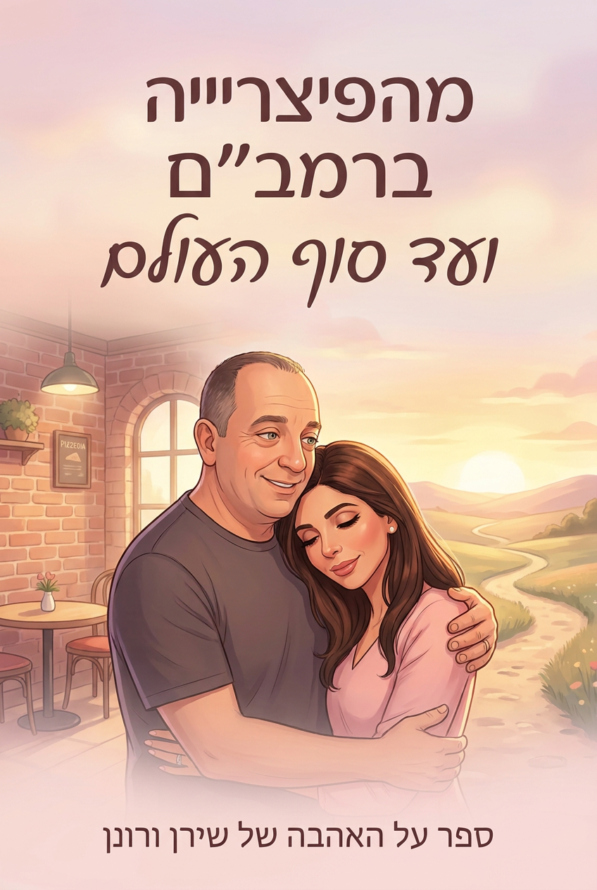עטיפת הספר "מהפיצרייה ברמב"ם ועד סוף העולם" — ספר של לקוח אמיתי, ספר מודפס מותאם אישית מבית ספר במתנה