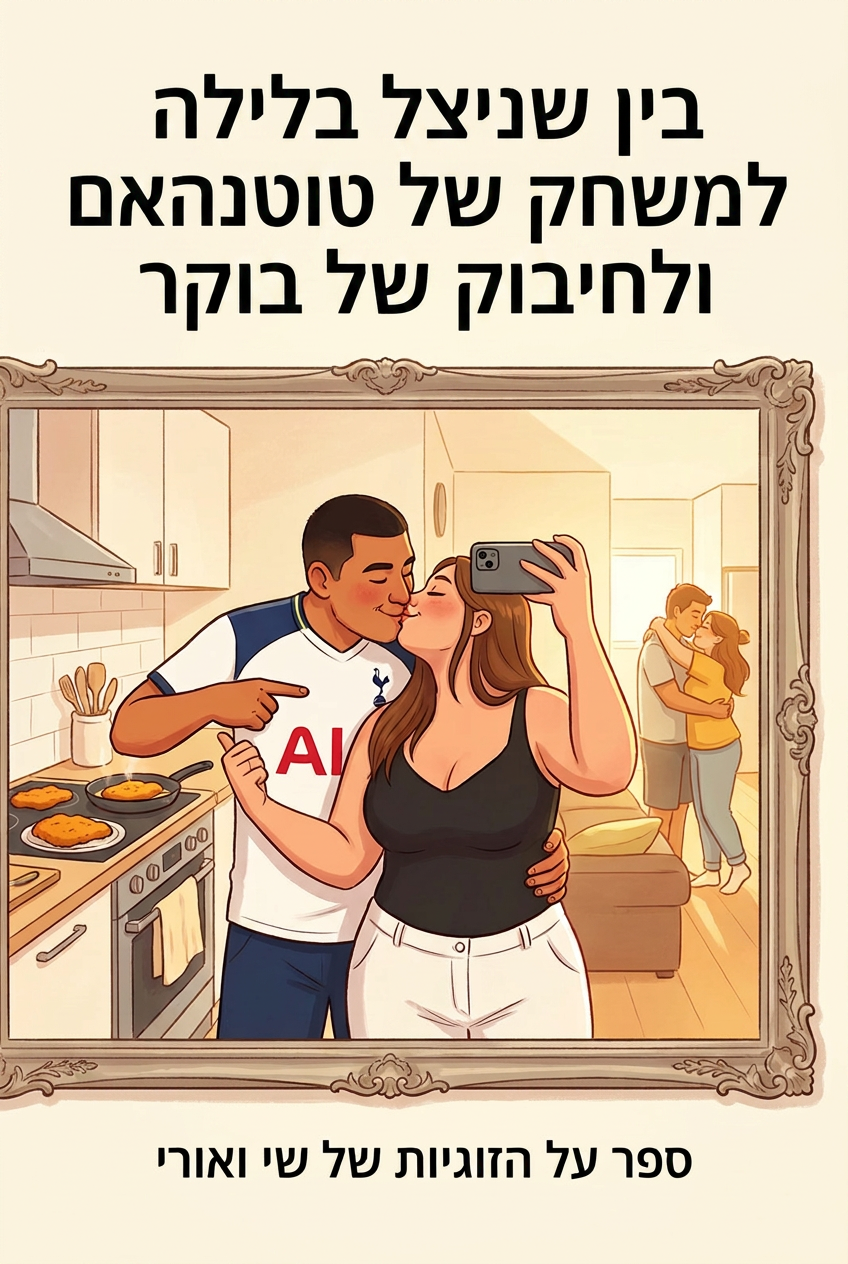 עטיפת הספר "בין שניצל בלילה למשחק של טוטנהאם ולחיבוק של בוקר" — ספר של לקוח אמיתי, ספר מודפס מותאם אישית מבית ספר במתנה