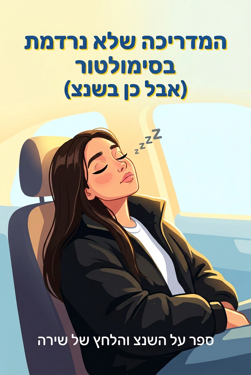 עטיפת הספר "המדריכה שלא נרדמת בסימולטור (אבל כן בשנצ)" — ספר של לקוח אמיתי, ספר מודפס מותאם אישית מבית ספר במתנה