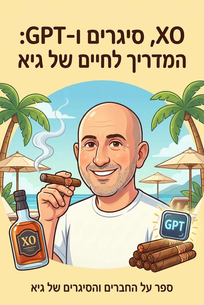 עטיפת הספר "XO, סיגרים ו-GPT: המדריך לחיים של גיא" — ספר של לקוח אמיתי, ספר מודפס מותאם אישית מבית ספר במתנה