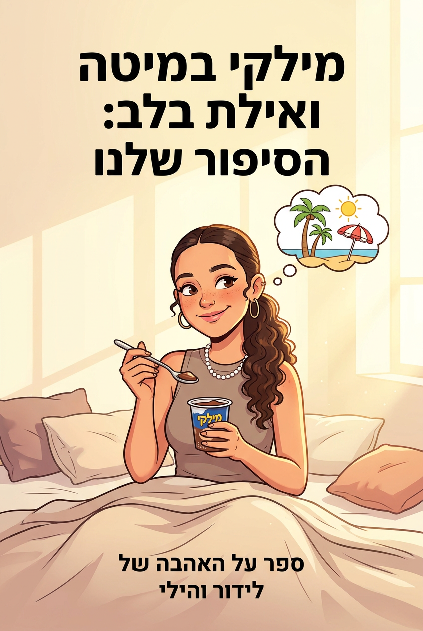 עטיפת הספר "מילקי במיטה ואילת בלב: הסיפור שלנו" — ספר של לקוח אמיתי, ספר מודפס מותאם אישית מבית ספר במתנה