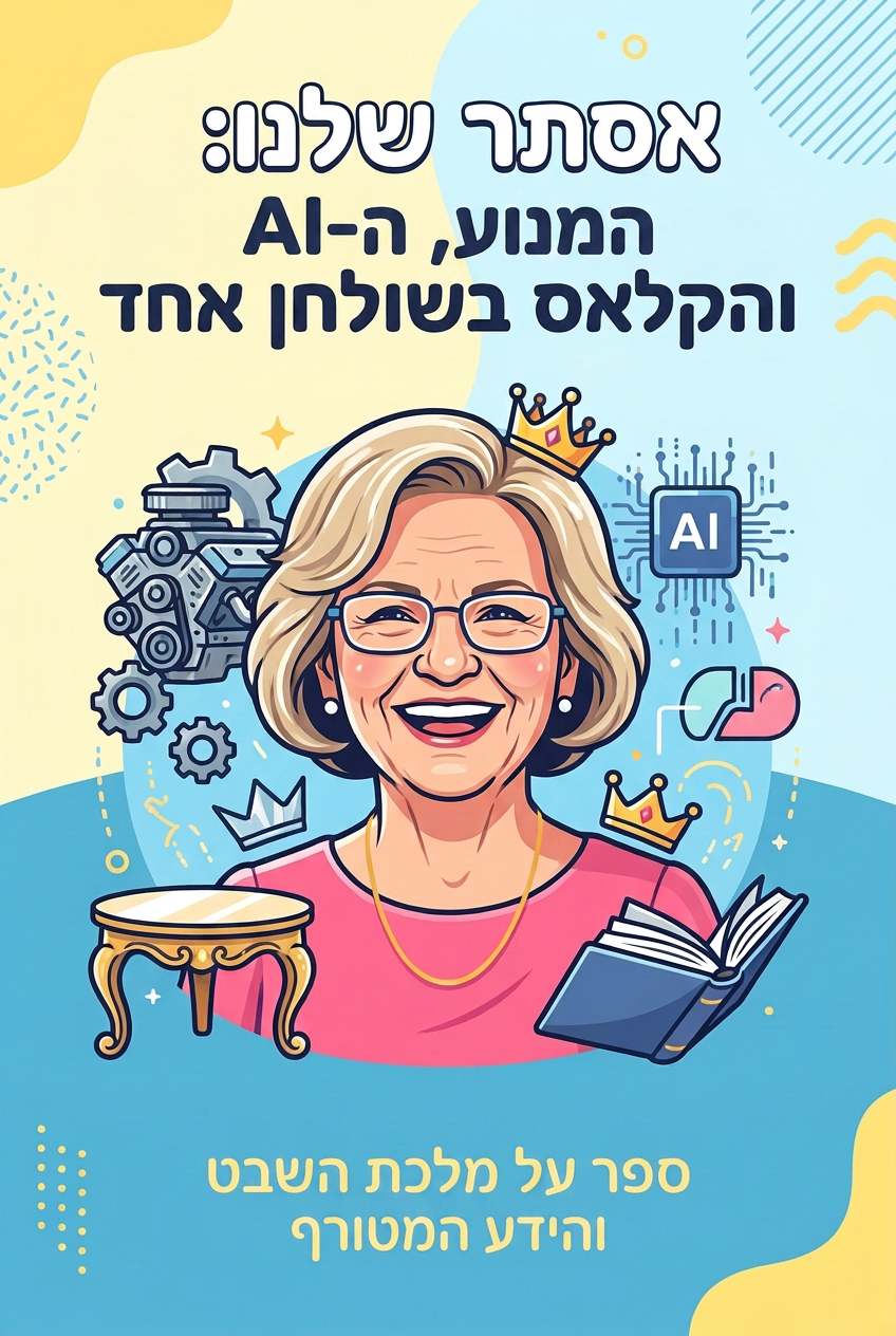 עטיפת הספר "אסתר שלנו: המנוע, ה-AI והקלאס בשולחן אחד" — ספר של לקוח אמיתי, ספר מודפס מותאם אישית מבית ספר במתנה