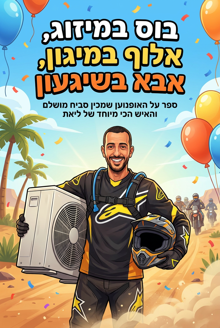 עטיפת הספר "בוס במיזוג, אלוף במיגון, אבא בשיגעון" — ספר של לקוח אמיתי, ספר מודפס מותאם אישית מבית ספר במתנה